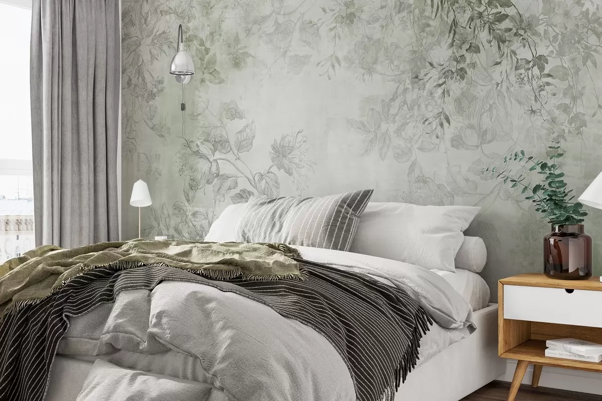 fototapet Artă florală vintage texturată, cu ilustrații delicate ale florilor și frunzelor din grădină, în stil desen, în tonuri delicate de verde w09402v2