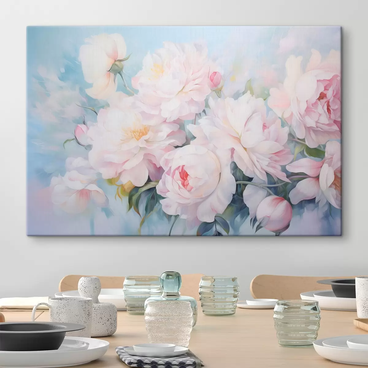 Tablouri Bujori roz delicați pe un fundal albastru ca cerul s45813