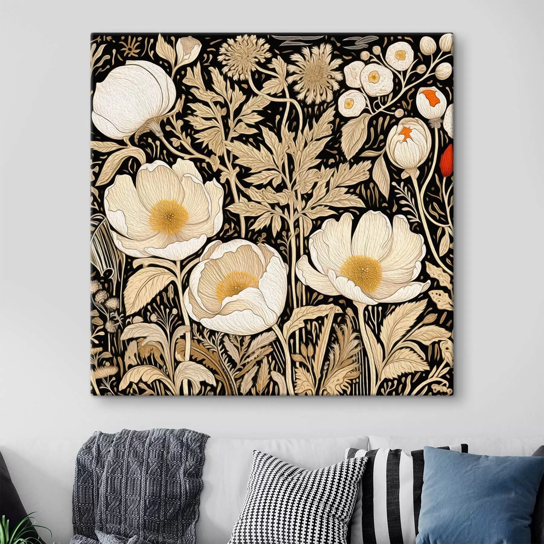 Tablouri Flori crem și ierburi pe fundal negru s45816