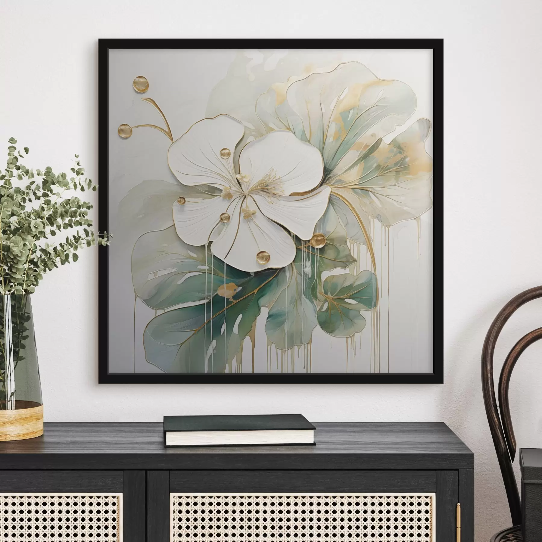 fototapet O floare albă cu detalii galben-portocalii și frunze verzi f45815