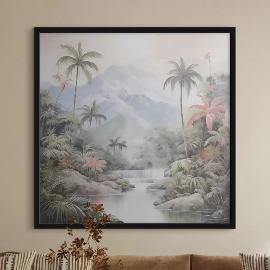 fototapet Râu în pădure tropicală în fața munților f45913