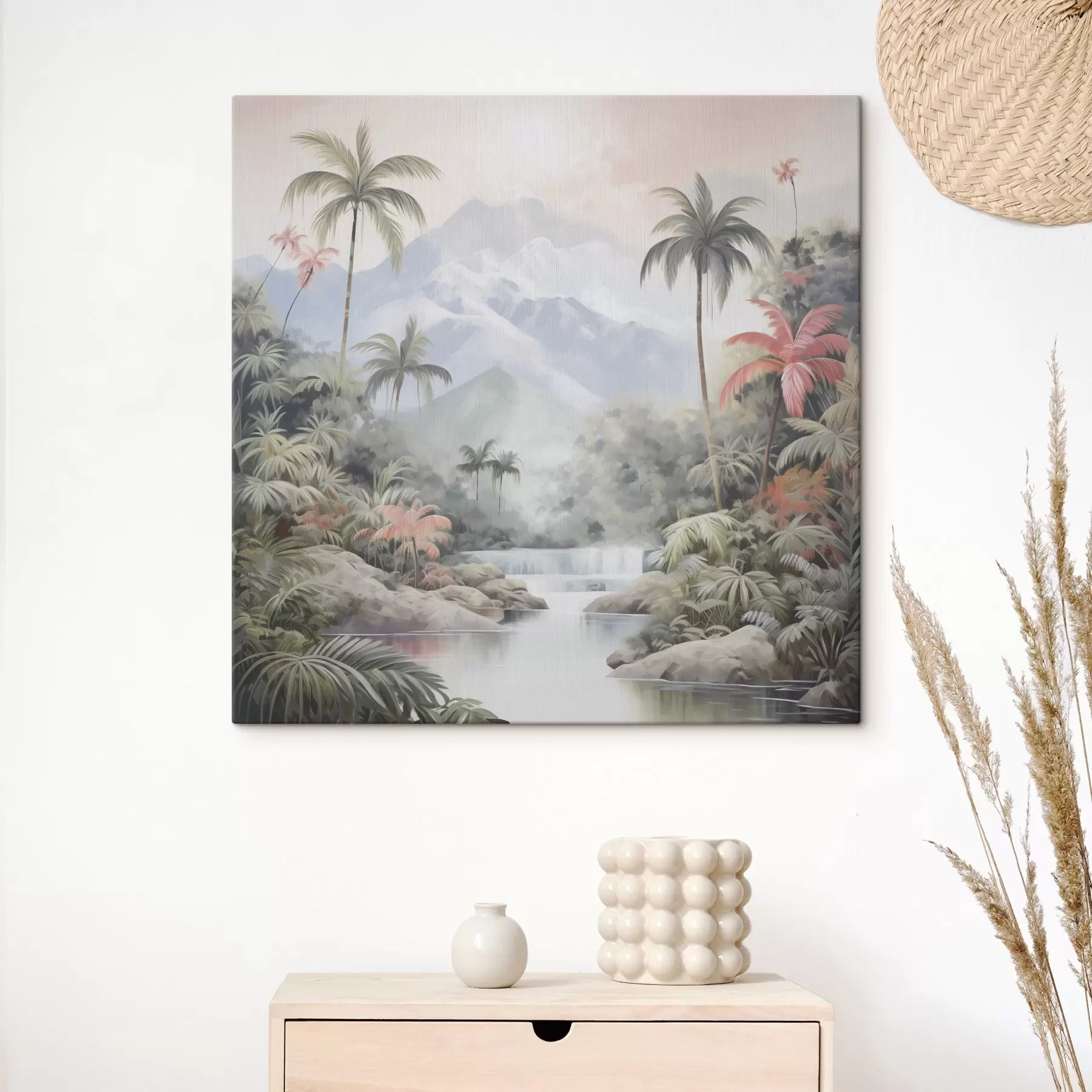 Tablouri Râu în pădure tropicală în fața munților s45913