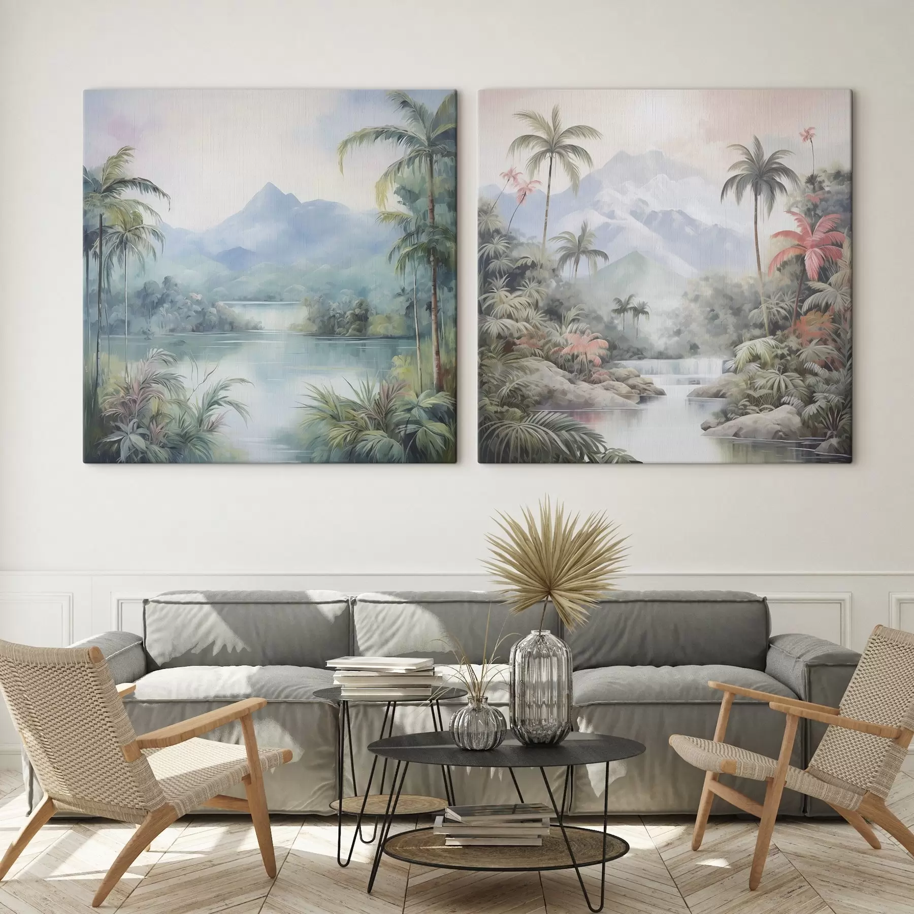 Tablouri Râu în junglă în fața muntelui m00751