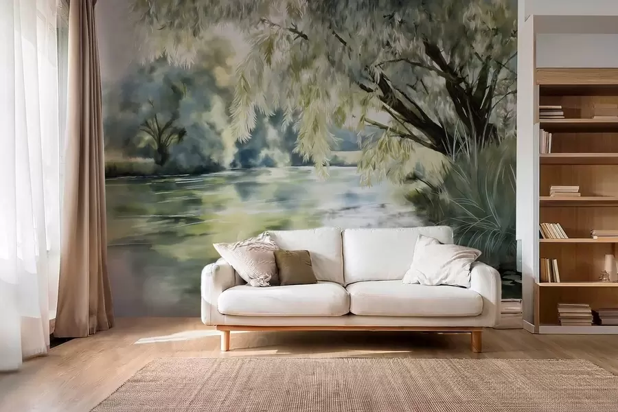 fototapet copac în stil acuarelă deasupra lacului w04501