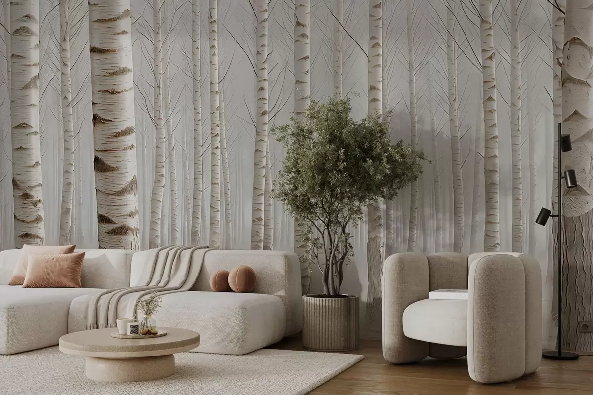 fototapet Pădure de mesteacăn în ceață, minimalism luminos w04574