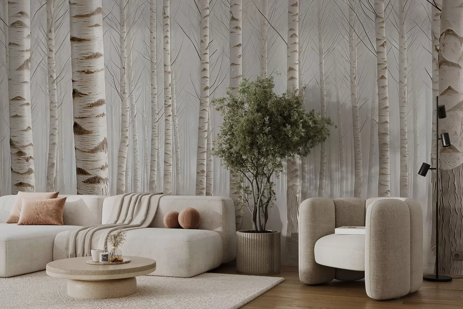 fototapet Pădure de mesteacăn în ceață, minimalism luminos w04574