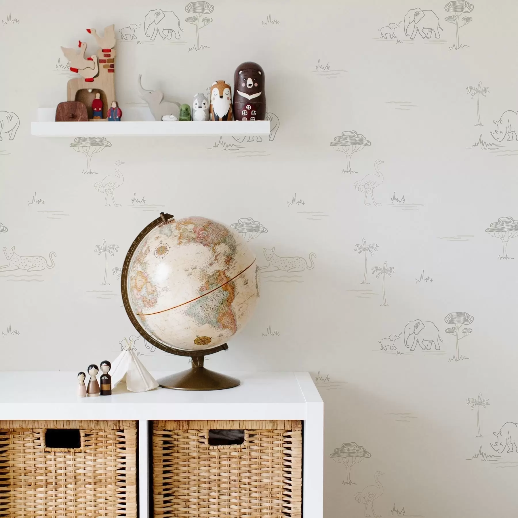 fototapet Safari minimalist: elefanți, rinoceri, leoparzi și palmieri a00492