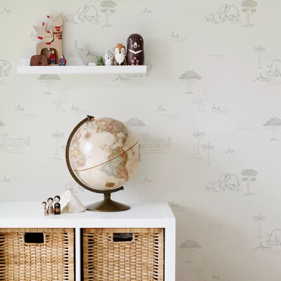 fototapet Safari minimalist: elefanți, rinoceri, leoparzi și palmieri a00492