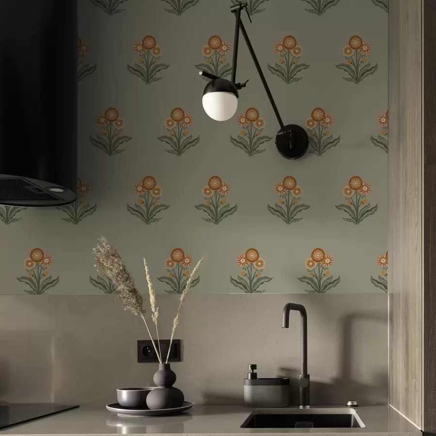 fototapet Flori stilizate pe fundal măslin, tonuri calde a00494v2