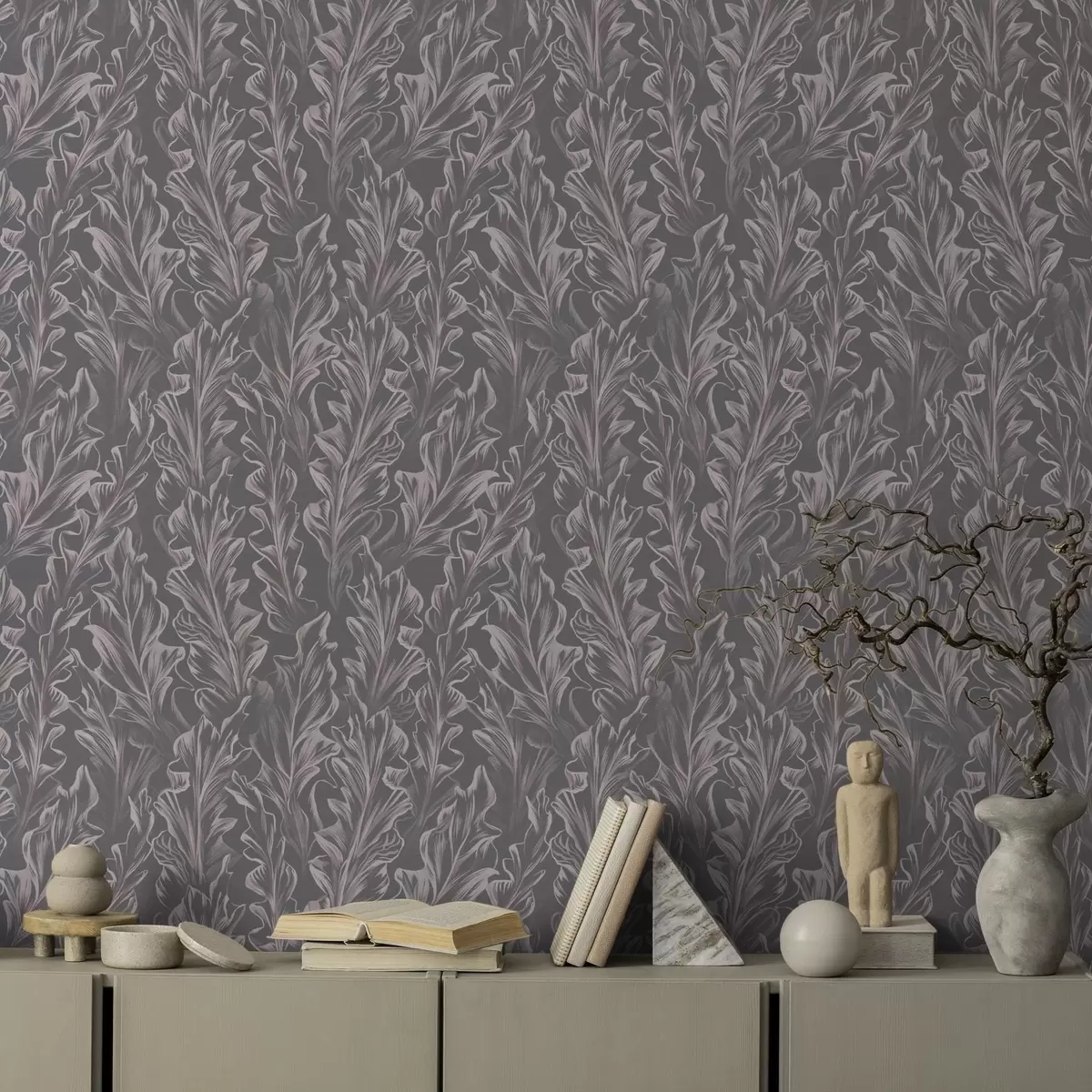 Wallpaper Valuri de frunze curgând pe un fundal grafit, contrast ridicat a00495v1