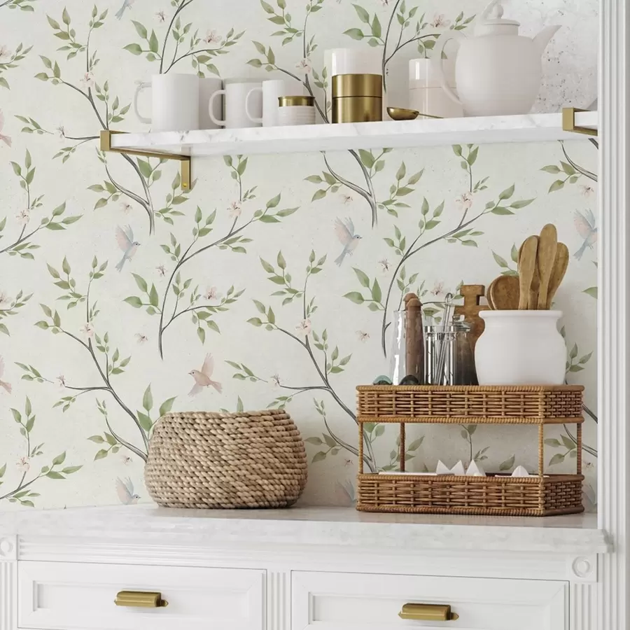 fototapet Ramuri pictate în acuarelă cu frunze și păsări pe un fundal deschis a00496