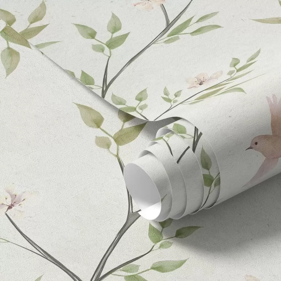 fototapet Ramuri pictate în acuarelă cu frunze și păsări pe un fundal deschis a00496