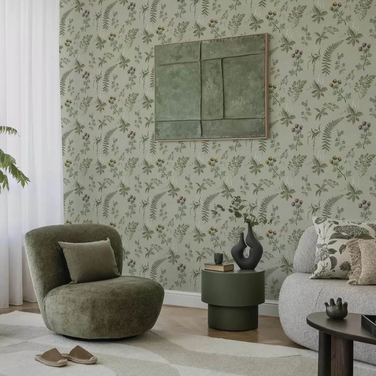 Wallpaper Ierburi botanice și ferigi pe fond gri-verzui pal a00498