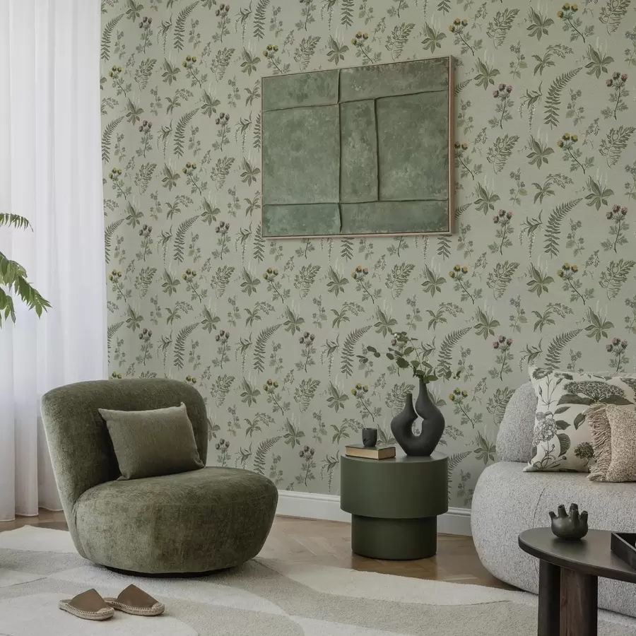 fototapet Ierburi botanice și ferigi pe fond gri-verzui pal a00498