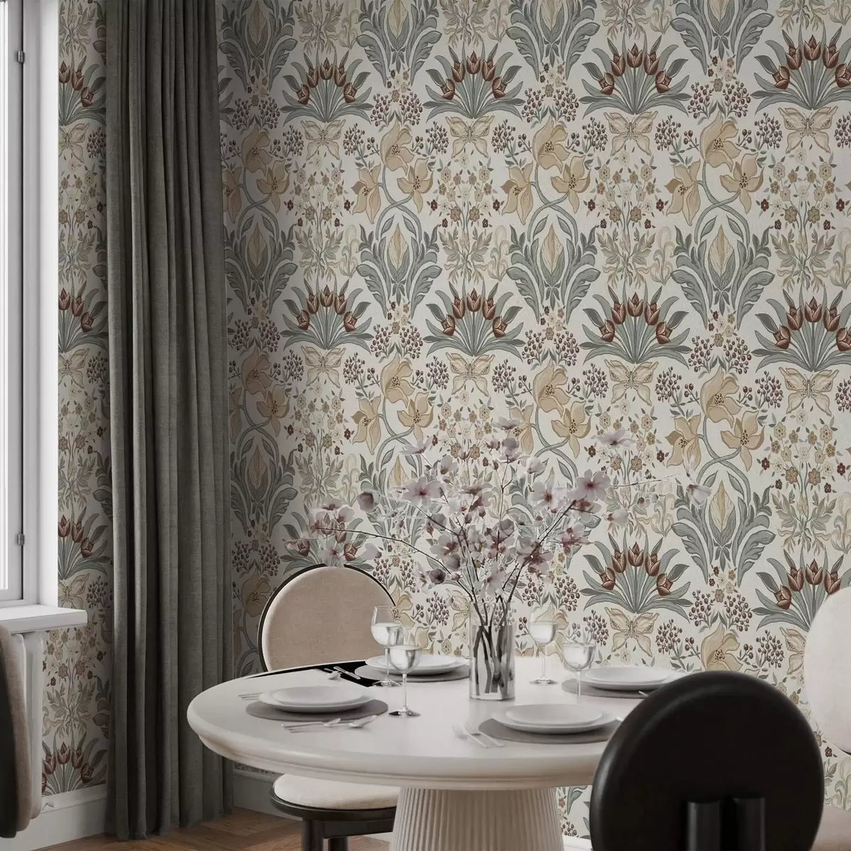 Wallpaper Crini decorativi și un fluture pe fond crem a00500