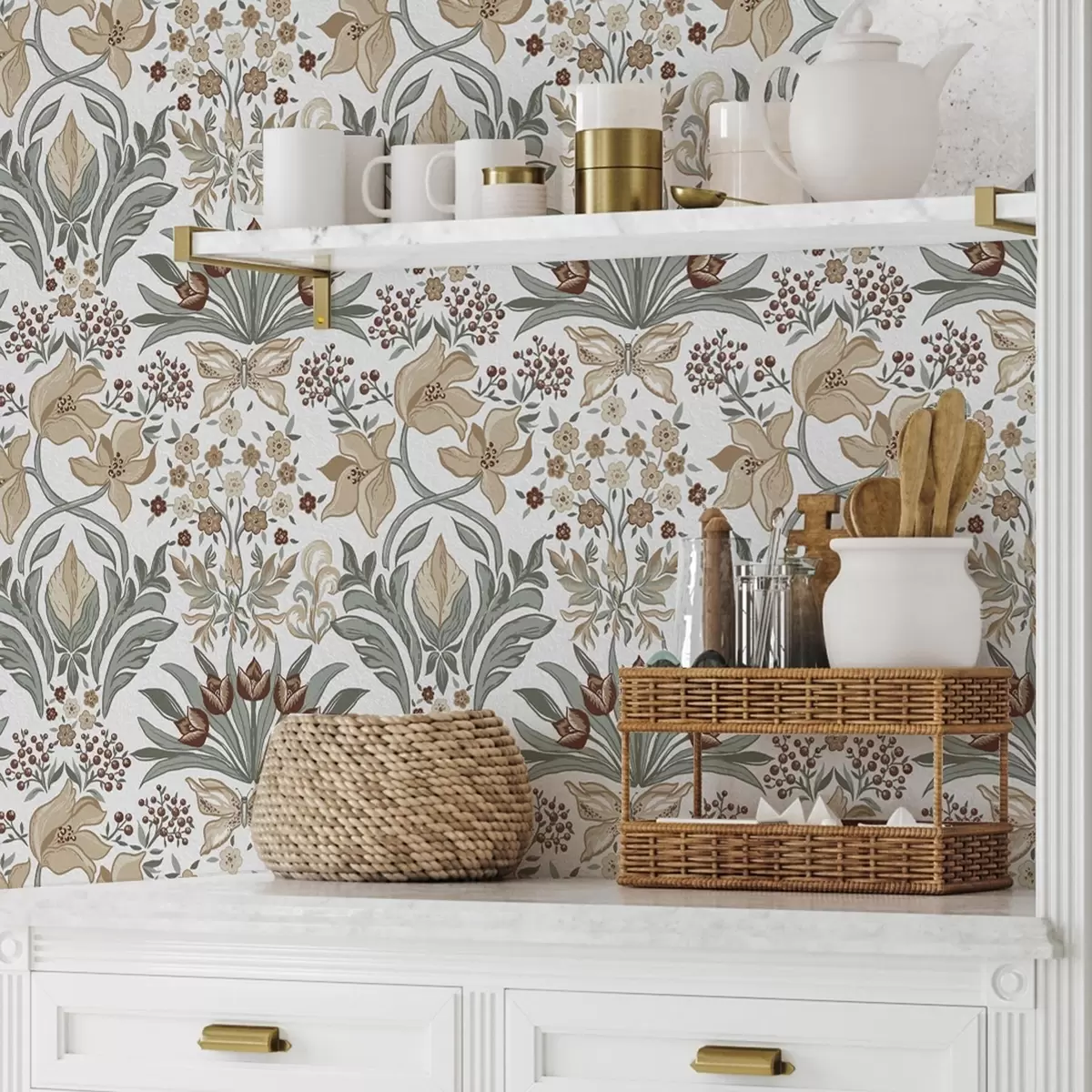 Wallpaper Crini decorativi și un fluture pe fond alb a00500v1