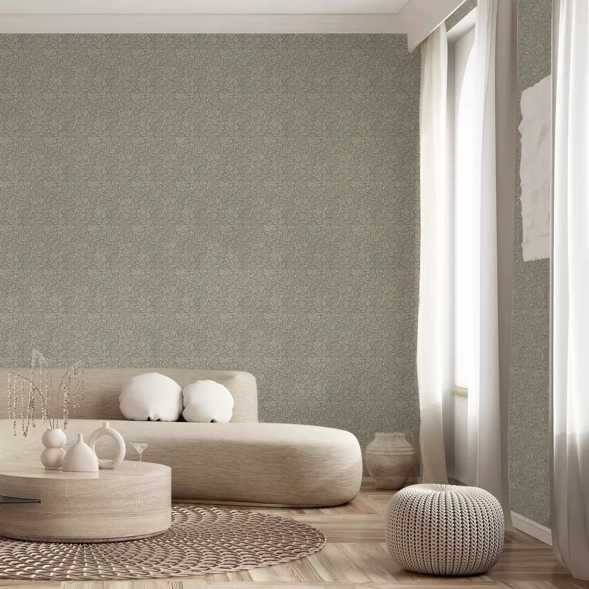 Wallpaper Stil Morris: ramuri bej pe fond gri-verde a00569