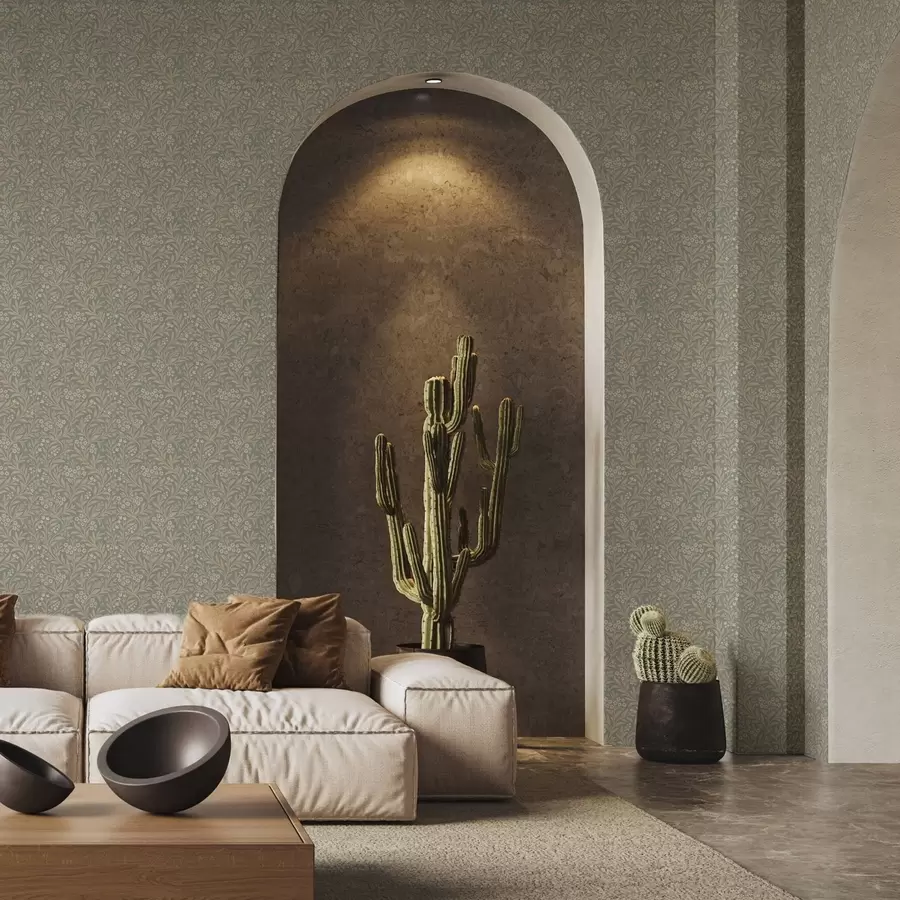 fototapet Stil Morris: ramuri bej pe fond gri-verde a00569