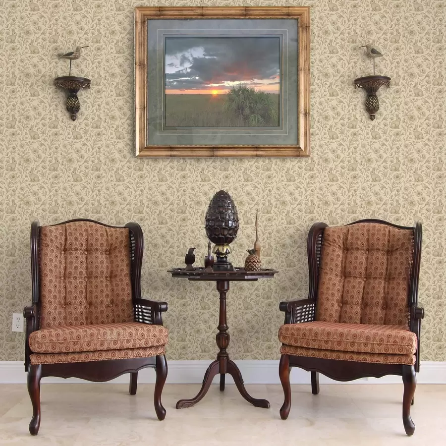 fototapet Iepuri și păsări într-un model floral a00571