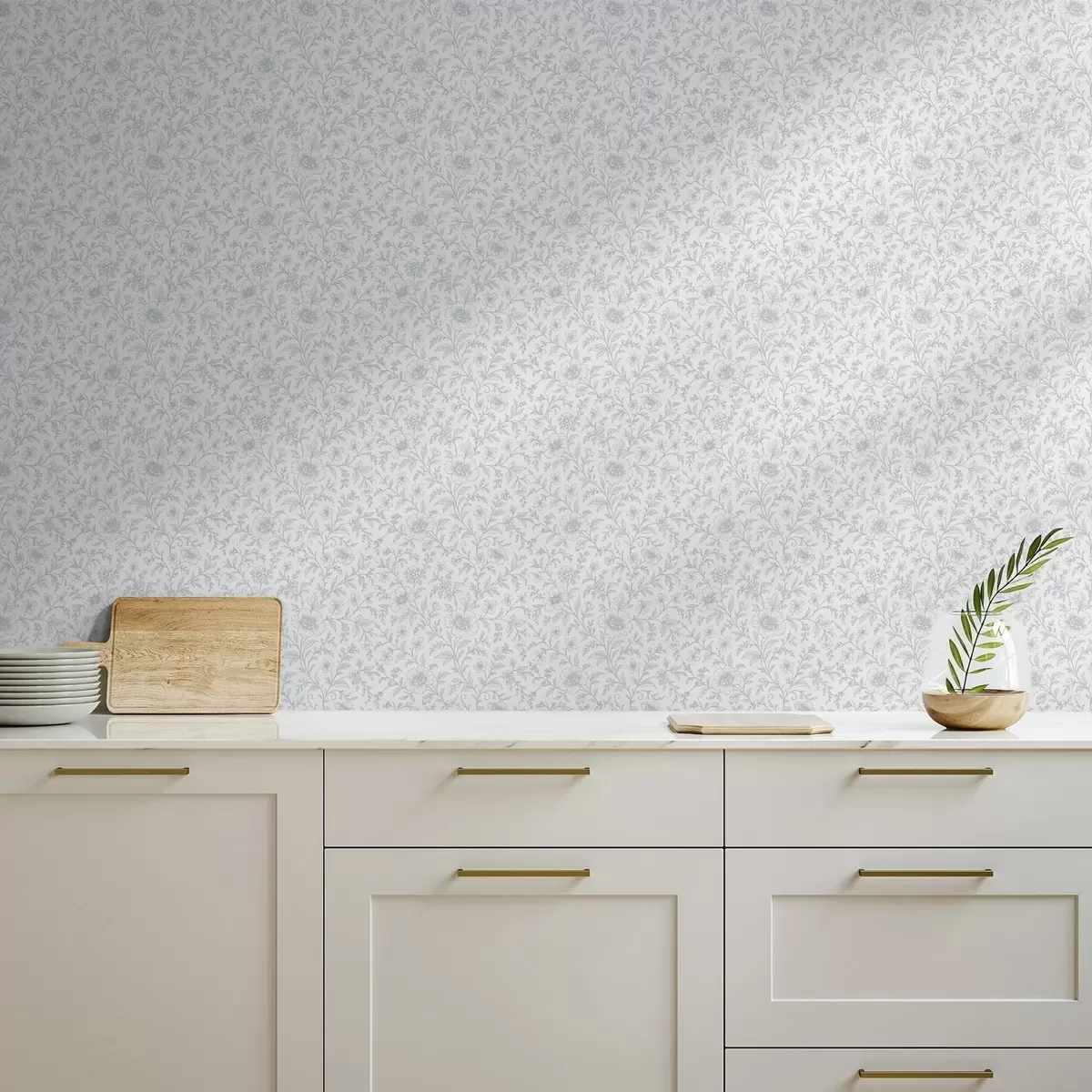 Wallpaper Flori fine, desenate cu linii albastre, pe un fundal alb-murdar a00576