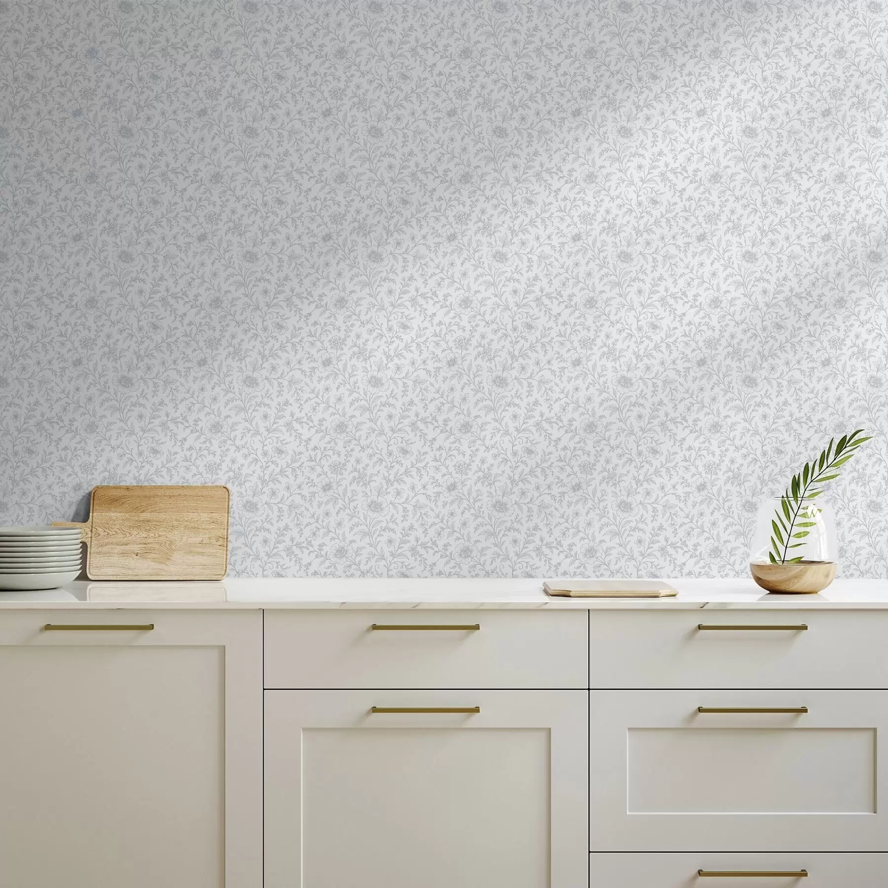 fototapet Flori fine, desenate cu linii albastre, pe un fundal alb-murdar a00576