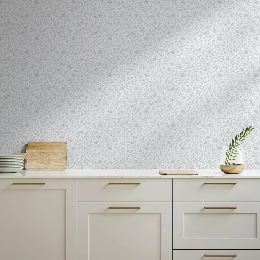 fototapet Flori fine, desenate cu linii albastre, pe un fundal alb-murdar a00576