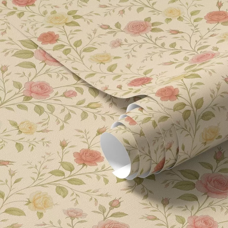 fototapet Trandafiri vintage în nuanțe de piersică și galben pe fond crem a00577