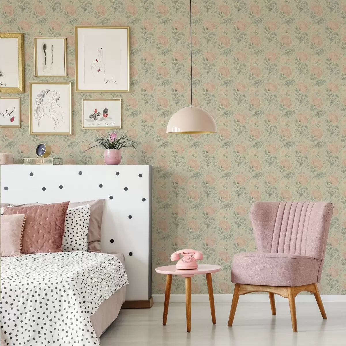 Wallpaper Flori mari de piersic vintage cu frunze de salvie a00580