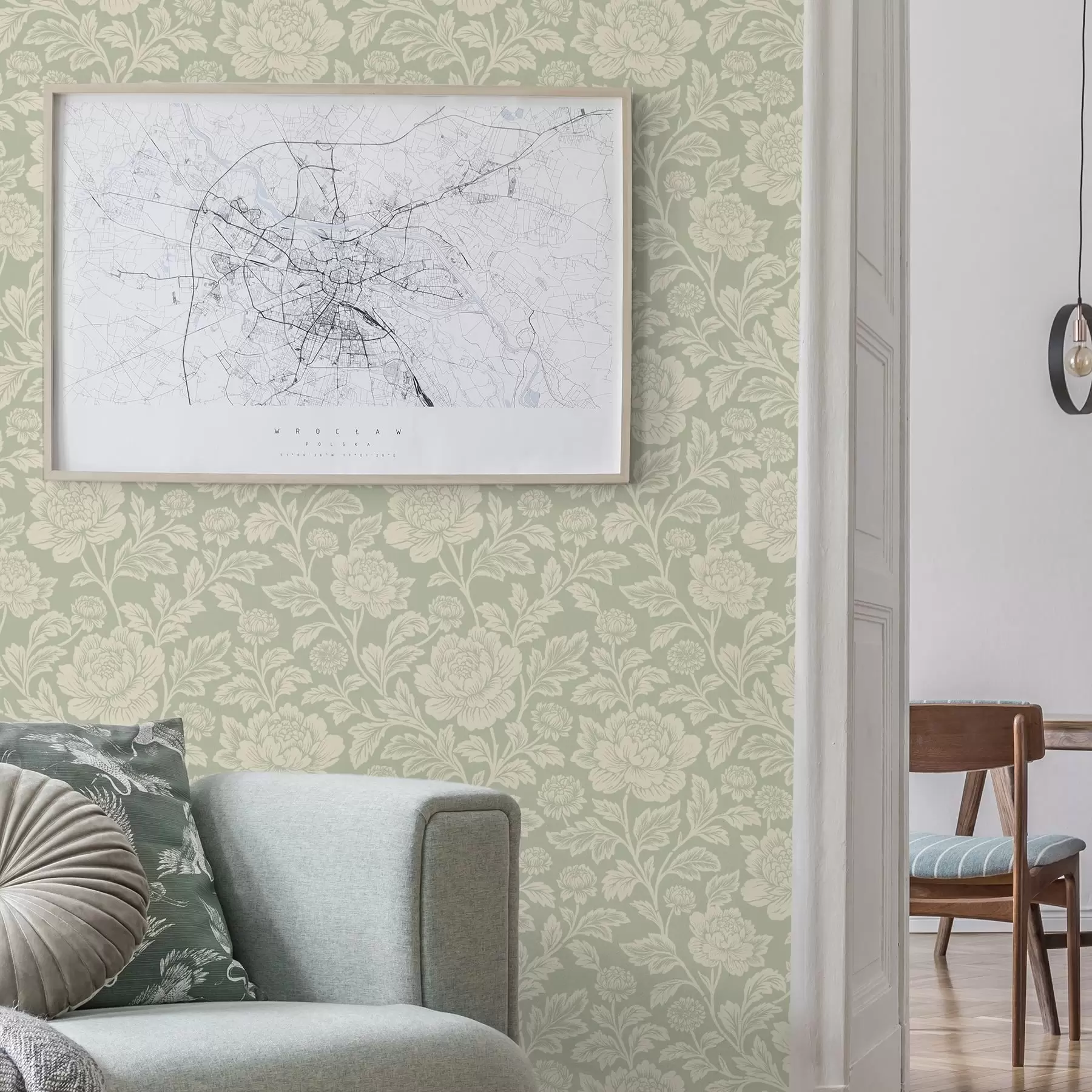 fototapet Bujori mari, desenați în stil line-art, pe un fundal de culoarea salviei a00582