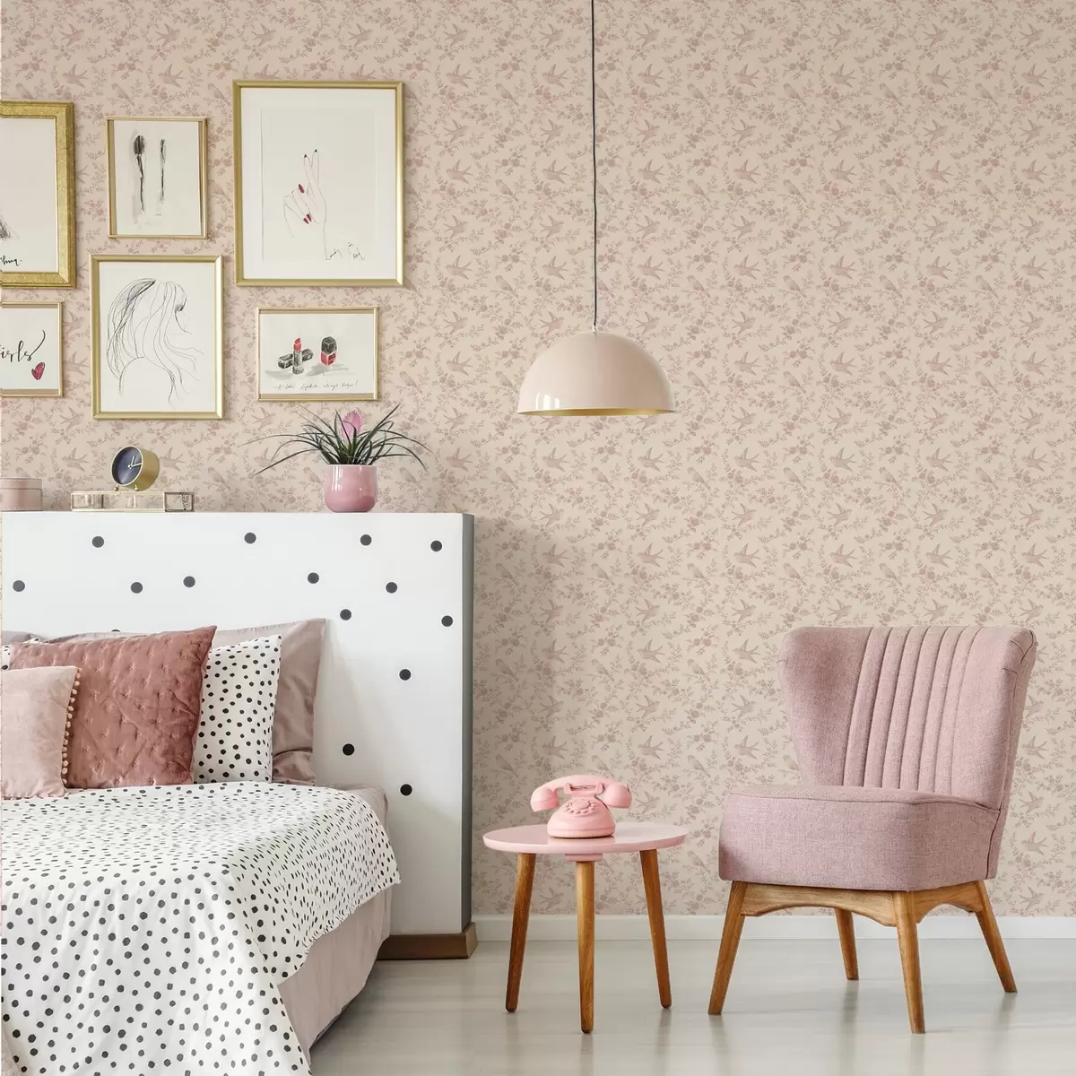 Wallpaper Păsări și trandafiri, model vintage pe fond roz pudrat a00587