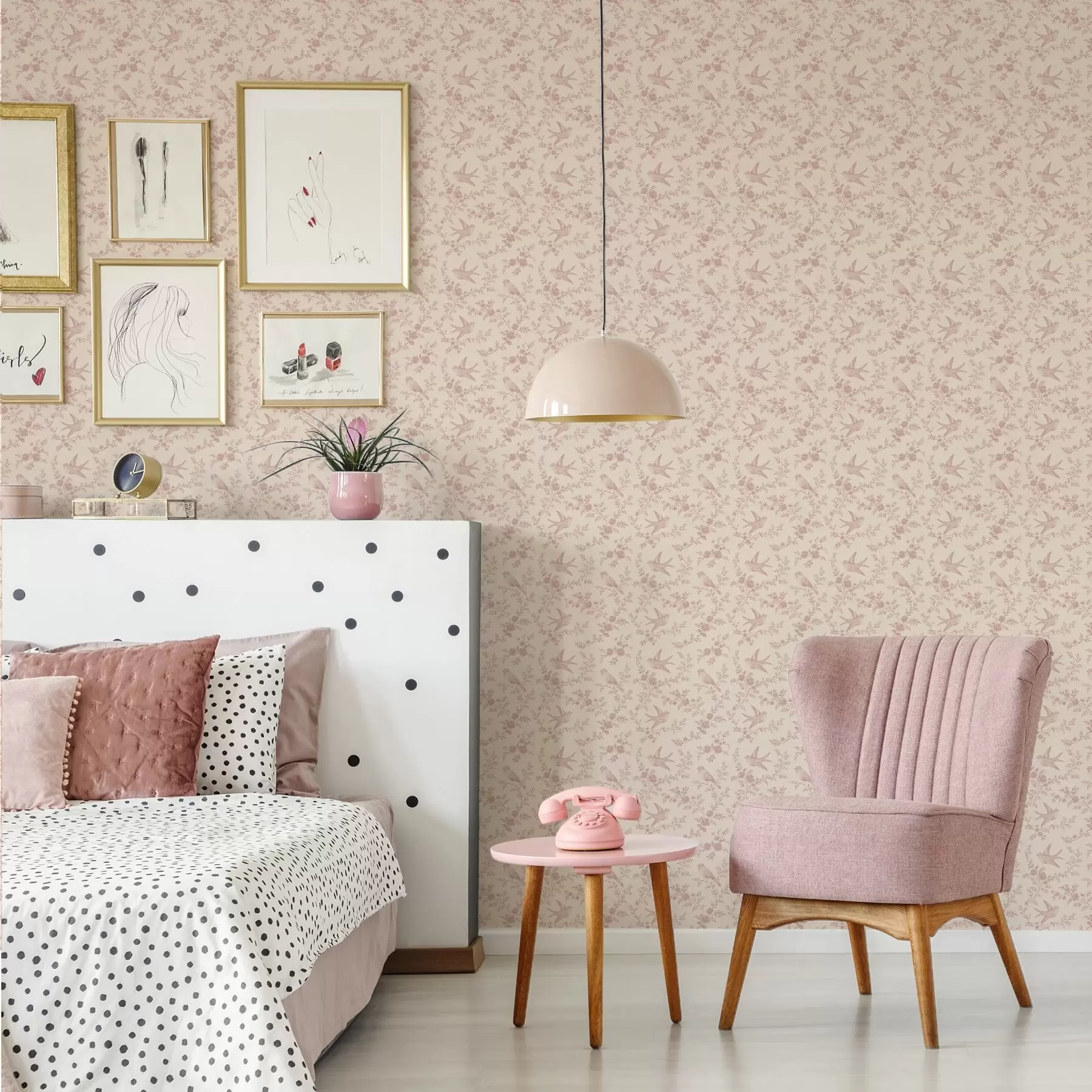 fototapet Păsări și trandafiri, model vintage pe fond roz pudrat a00587