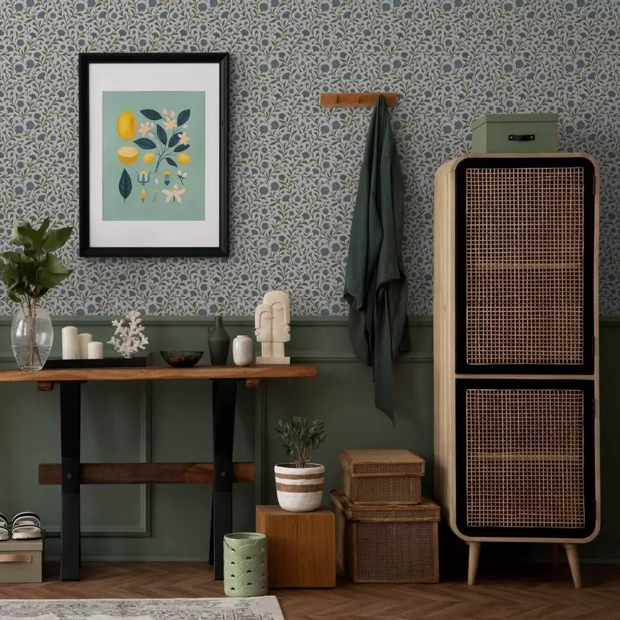 fototapet Flori de albăstrea și lăstari pe fundal alb a00588v1