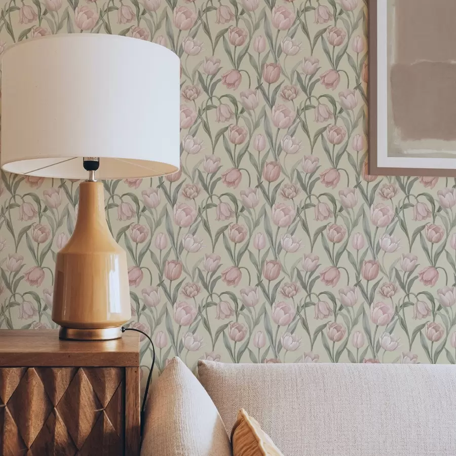 fototapet Lalele roz pal pe un fundal bej delicat a00589