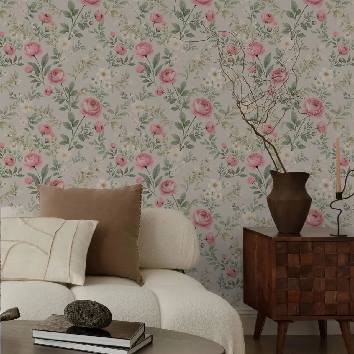 Wallpaper Bujori acuarelă și flori albe pe fond gri-bej a00592