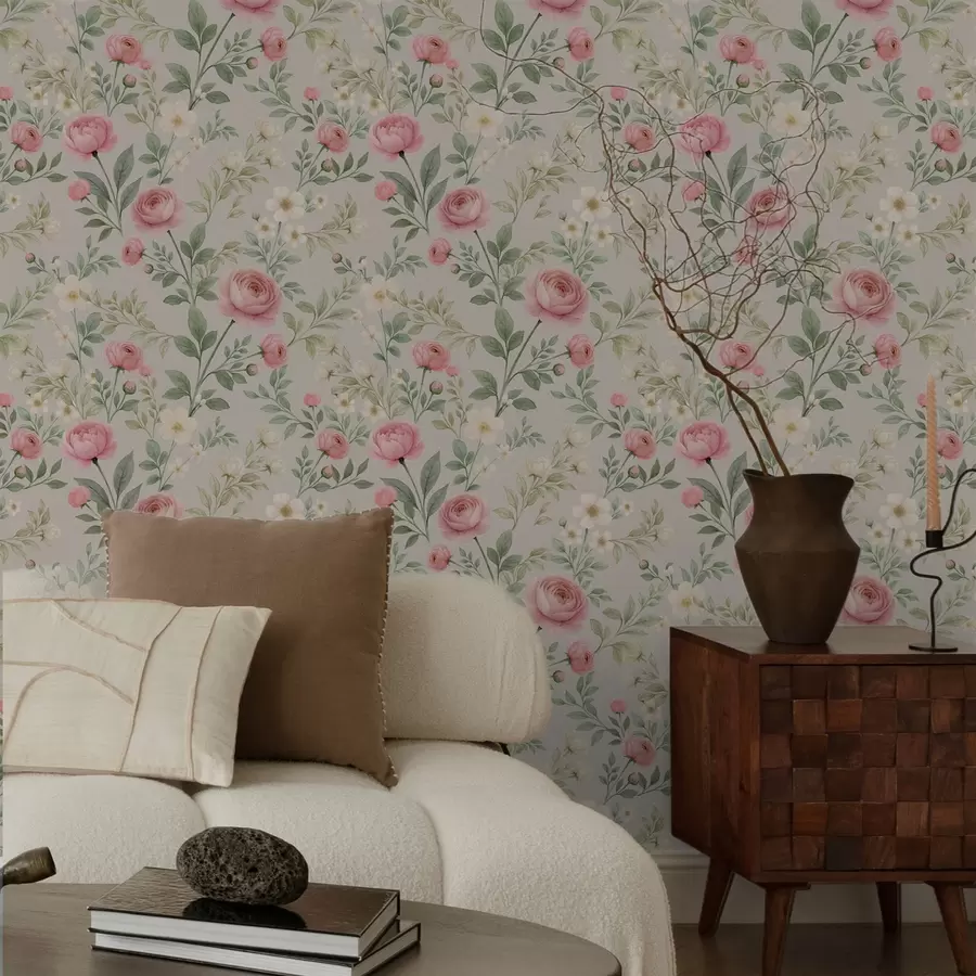 fototapet Bujori acuarelă și flori albe pe fond gri-bej a00592