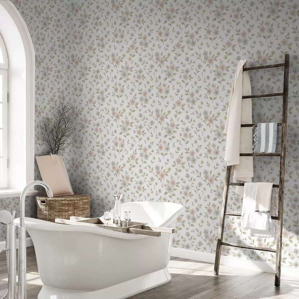 Wallpaper Flori mici pictate în acuarelă în culori pastelate pe fond alb a00596v1