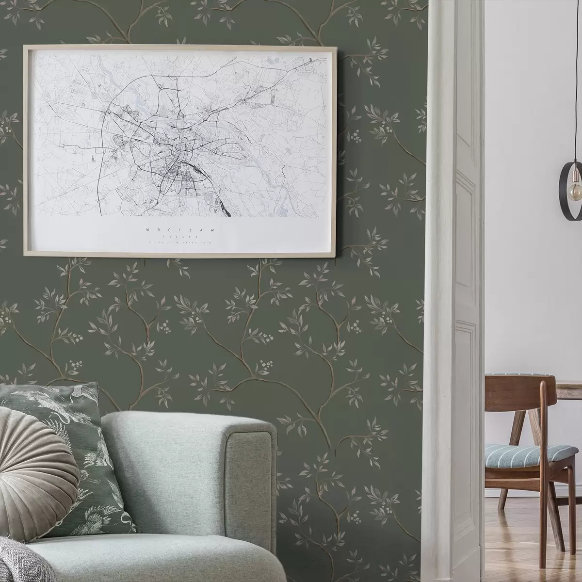 Wallpaper Ramuri delicate cu frunze pe un fundal verde închis a00597