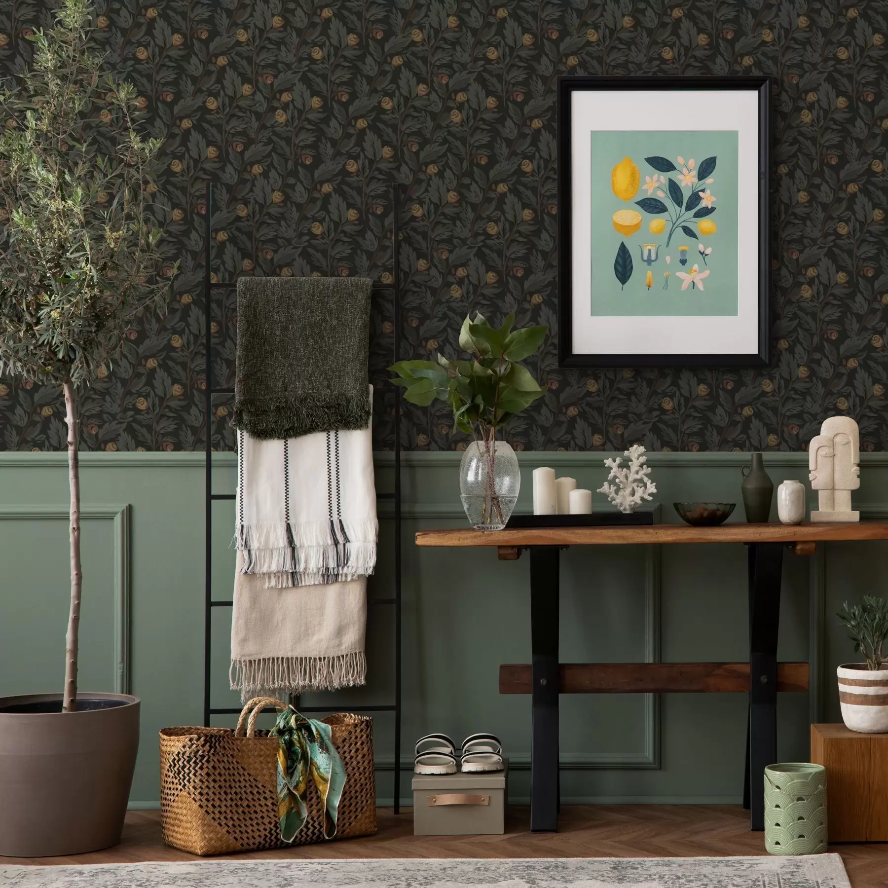 fototapet Model floral închis la culoare, cu muguri și frunze galbene a00598