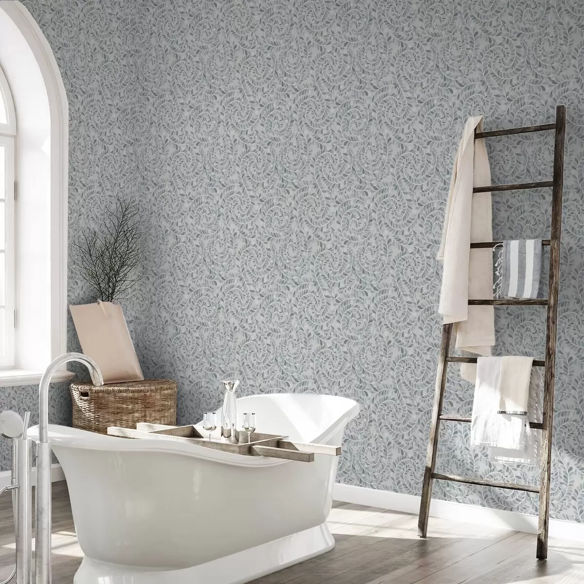 Wallpaper Frunze spiralate într-o paletă de culori albastru-gri-verde a00602