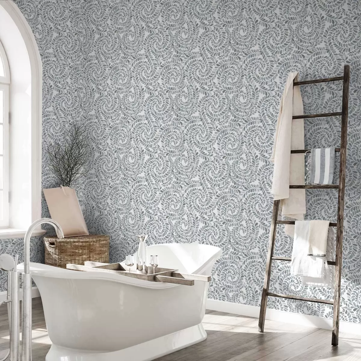 Wallpaper Spirale frunzoase în tonuri reci de gri-albastru a00602v1