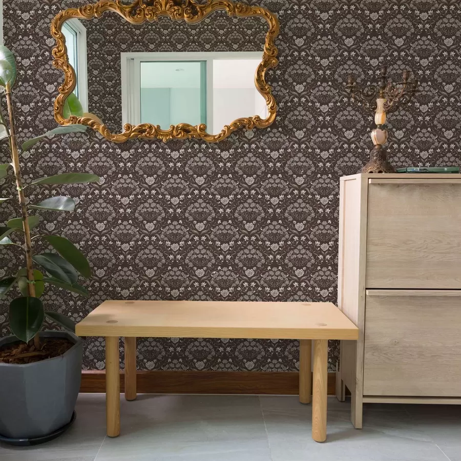 fototapet Damasc din ciocolată neagră cu bujori și ghiocei a00603v2