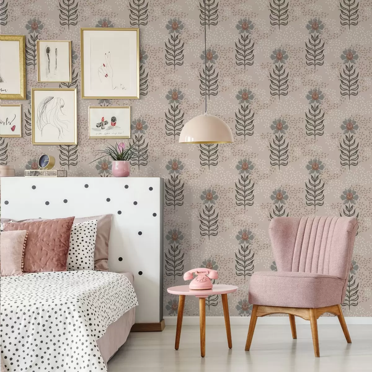 Wallpaper Flori și semințe stilizate pe fond bej cald a00604