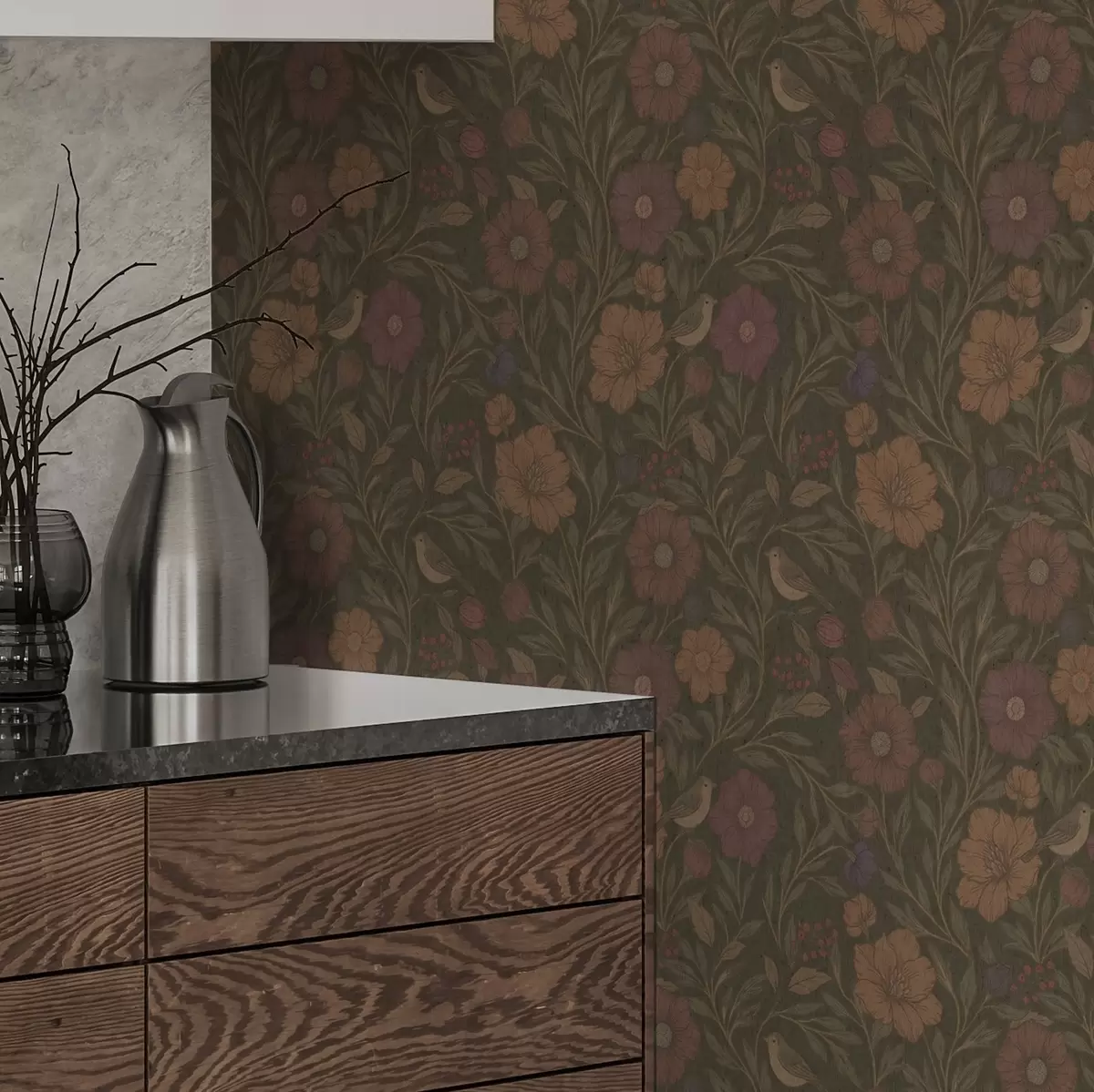 Wallpaper Flori de toamnă și păsări pe fundal maro-măsliniu a00605