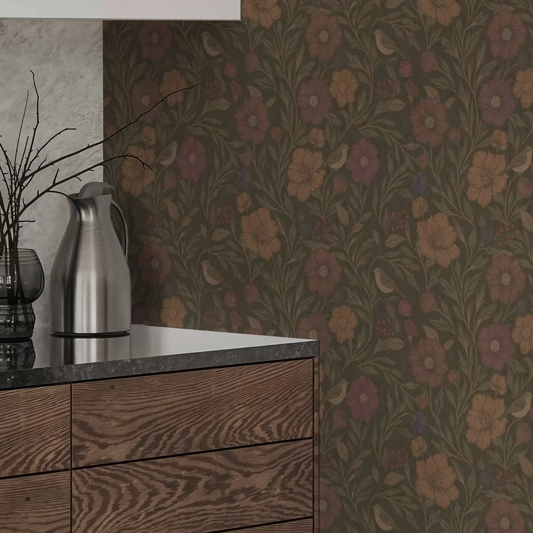 fototapet Flori de toamnă și păsări pe fundal maro-măsliniu a00605