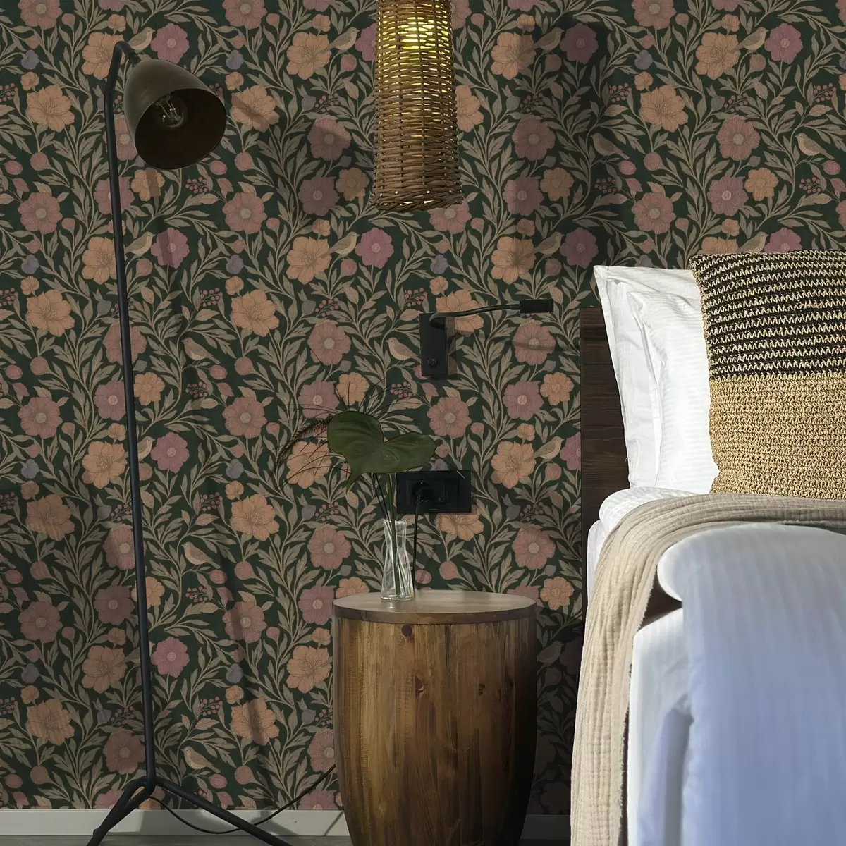 Wallpaper Flori de toamnă și păsări pe fundal smarald intens a00605v1