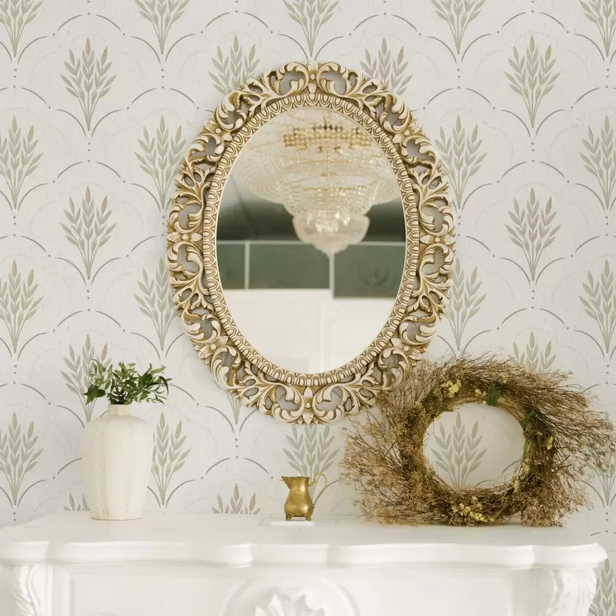 fototapet Grâu într-un ornament arcuit, pasteluri delicate pe fond alb a00607v1