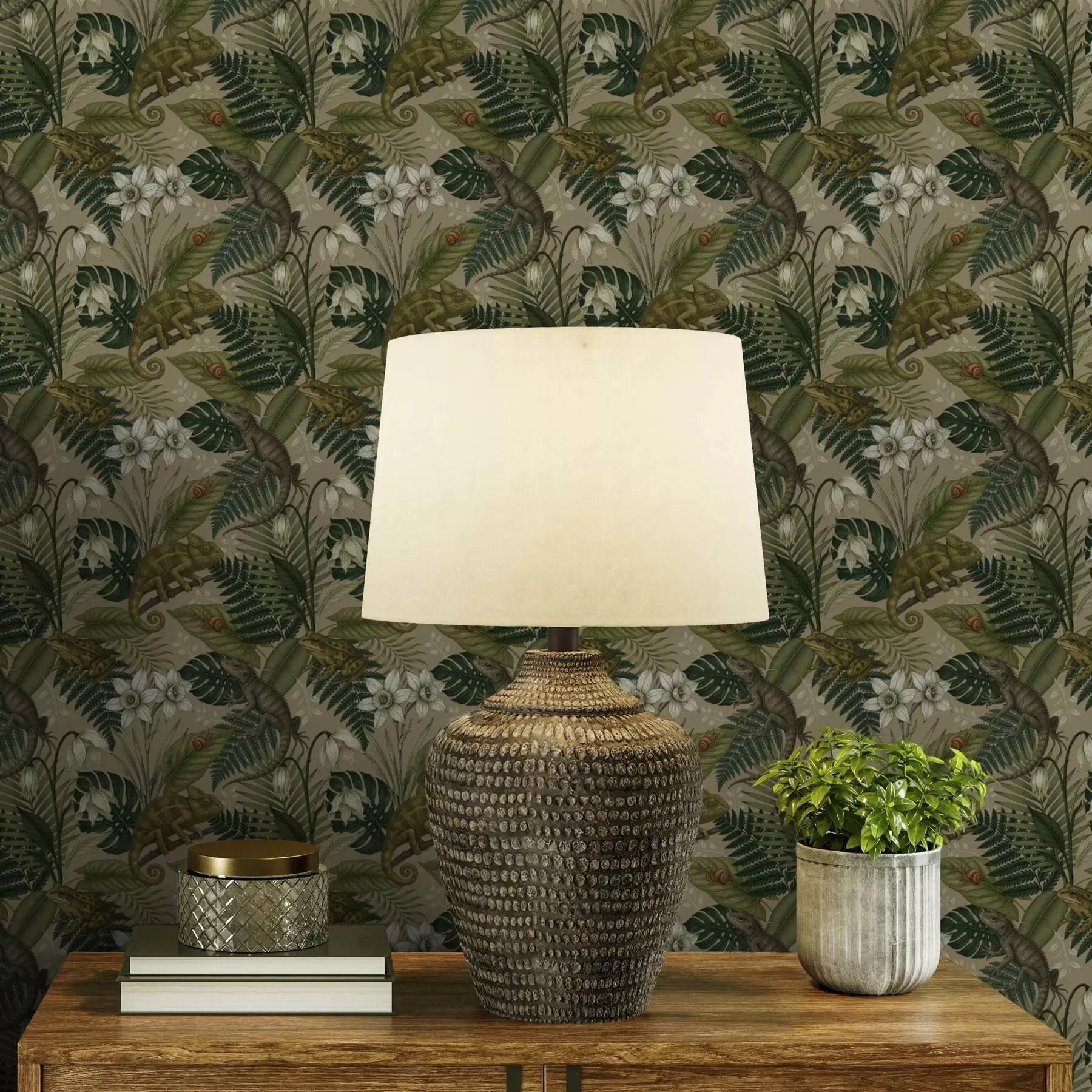 fototapet Cameleoni și frunze tropicale, flori albe, fundal bej a00608