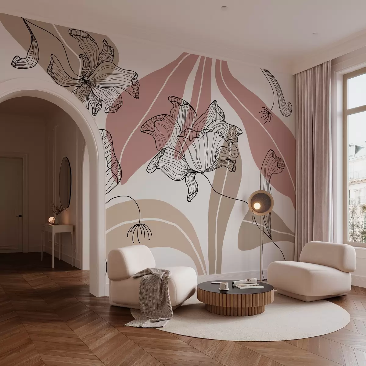 fototapet frunze și flori abstracte în tonuri pudrate și bej w04499