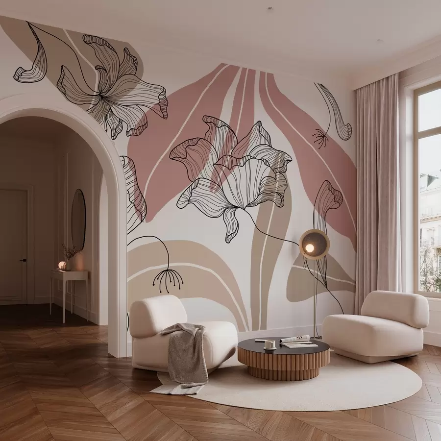 fototapet frunze și flori abstracte în tonuri pudrate și bej w04499