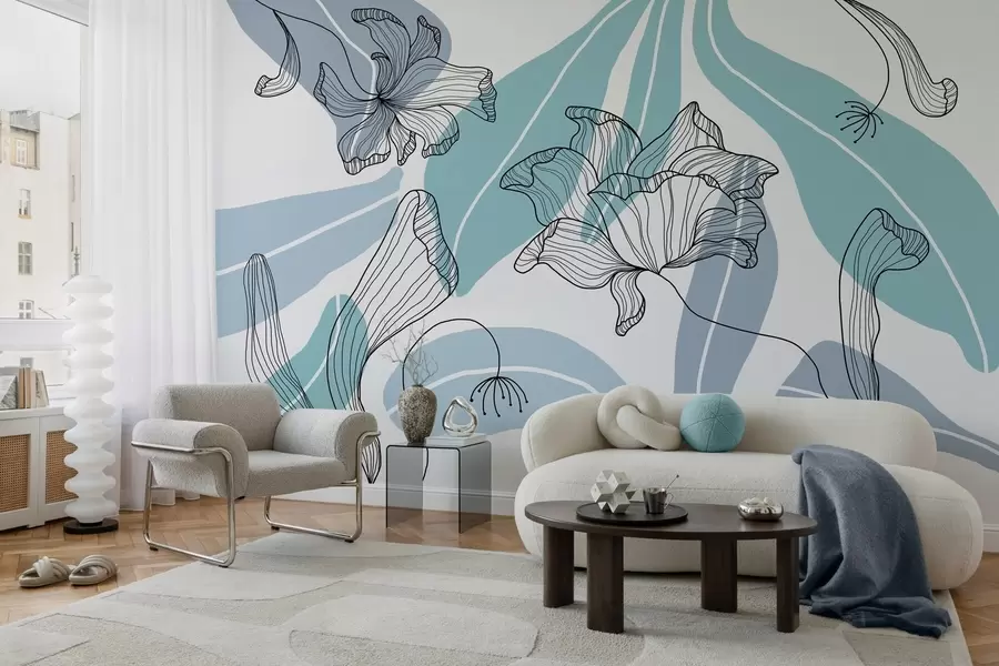 fototapet frunze și flori abstracte în tonuri de albastru w04499v2